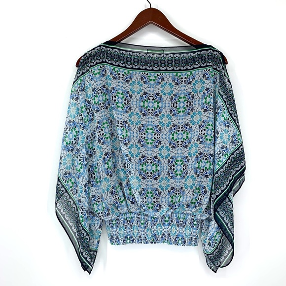 Max Studio Blue Green Geometric Print Slit Side Draped Sleeveless Stretch Blouse - Picture 7 of 16